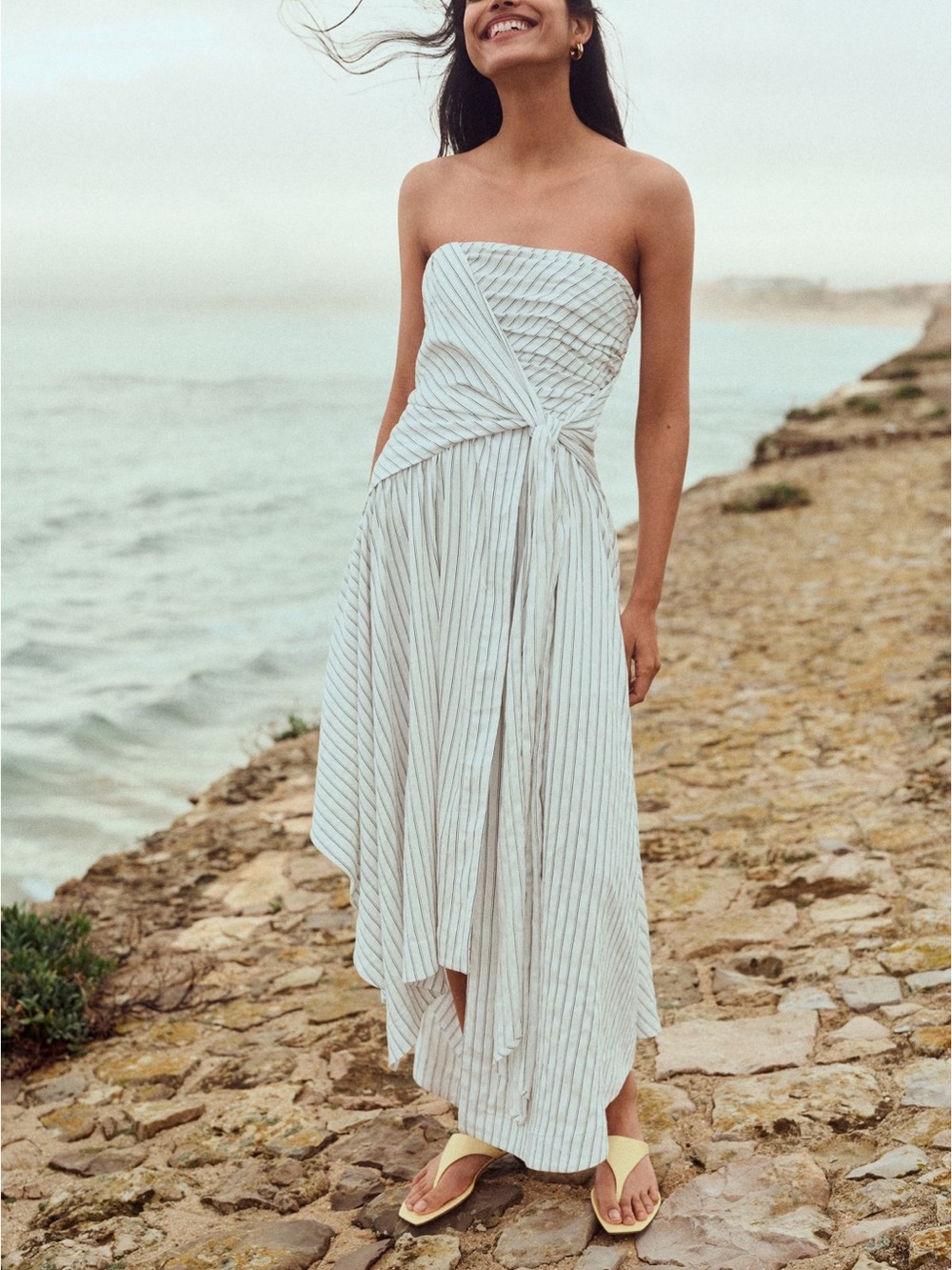 Anthropologie Strapless White Dress with Light Gray Pinstripes